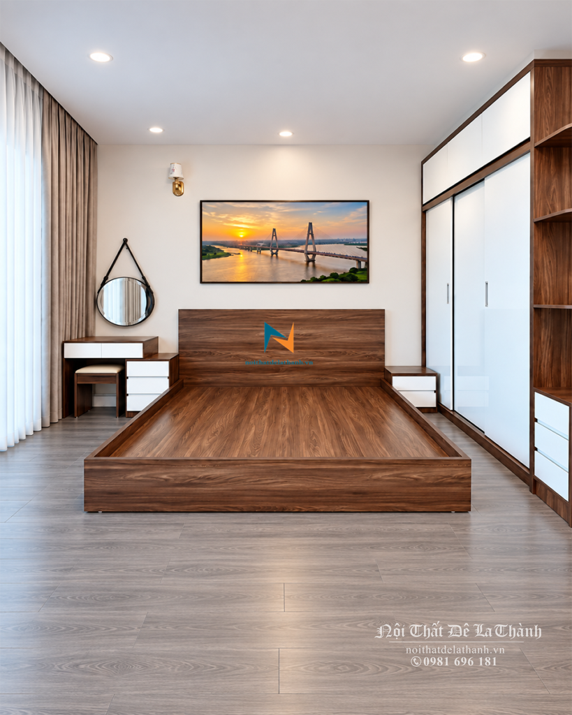 Combo giường tủ cưới giá rẻ màu óc chó pha cánh trắng với chiếc tủ 3 cửa lùa, 2 tầng, bên phải là kệ góc trang trí