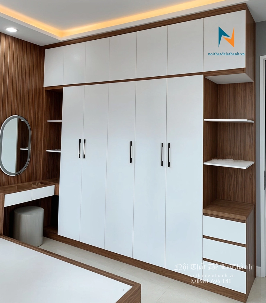 Combo nội thất phòng ngủ chung cư với giường 1m6x2m đầu gắn nệm, tủ 2m8x2m6 cao full trần, bàn trang điểm treo và gương led oval