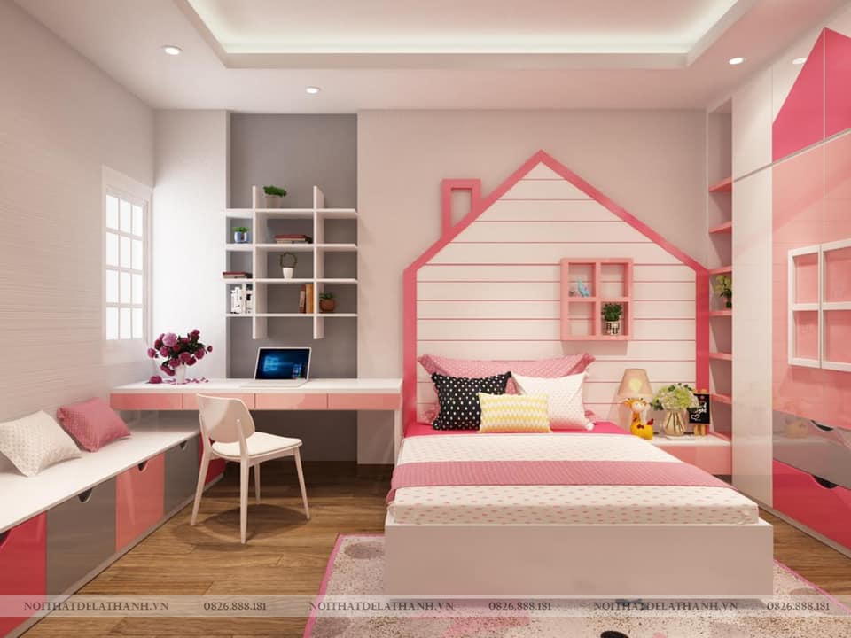 Thiết kế phòng bé gái với màu hồng là gam màu chủ đạo