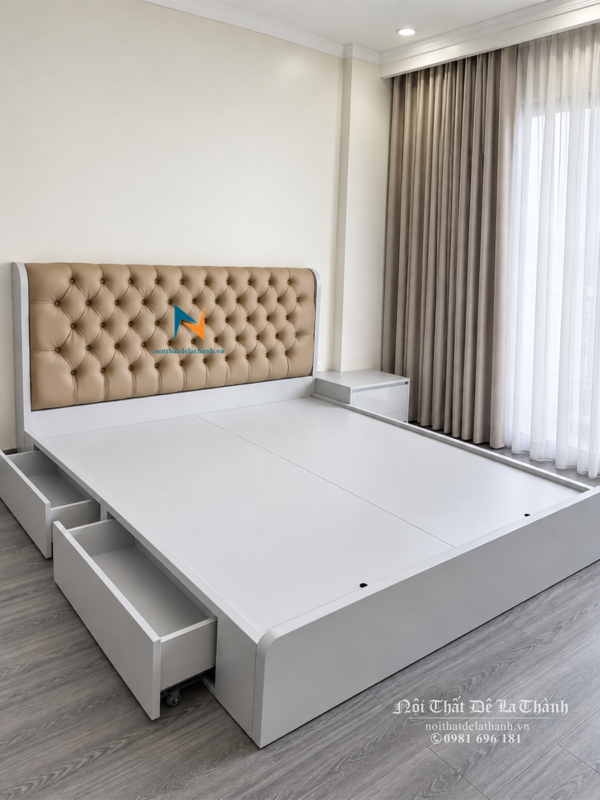 Giường ngủ hiện đại đẹp màu trắng 1m6x2m, đầu bọc da rút nút, có ngăn kéo hông