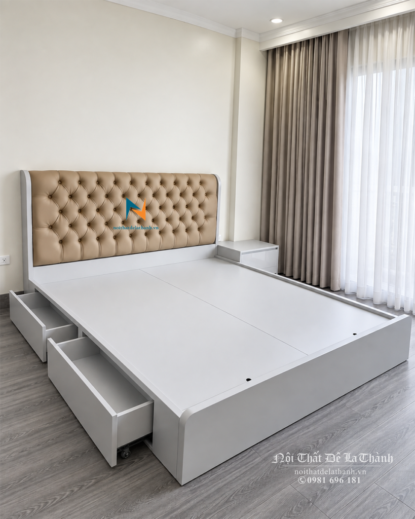 Giường ngủ hiện đại đẹp màu trắng 1m6x2m, đầu bọc da rút nút, có ngăn kéo hông