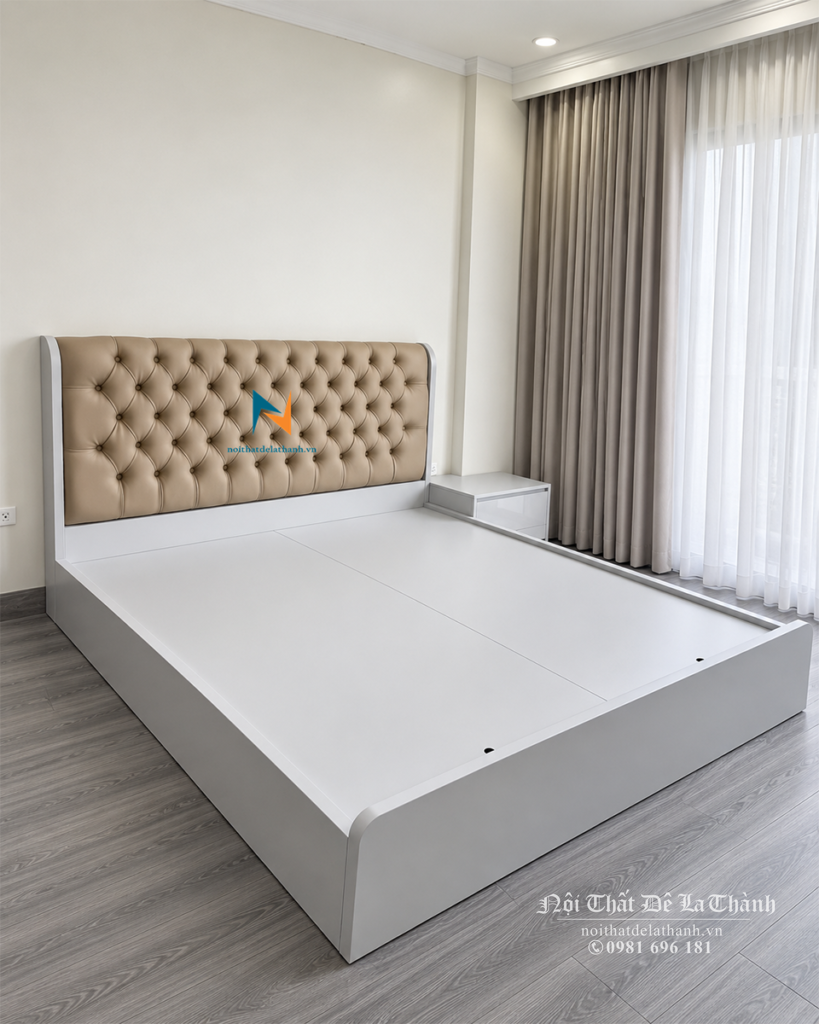 Hình ảnh thực tế chiếc giường hiện đại đầu bọc nệm da, kích thước 1m6x2m