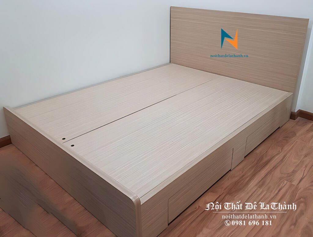 HÌnh ảnh thực tế chiếc giường ngủ phong cách hiện đại, kích thước 1m2x1m9, gỗ công nghiệp mdf, vai phải giường có 2 ngăn kéo