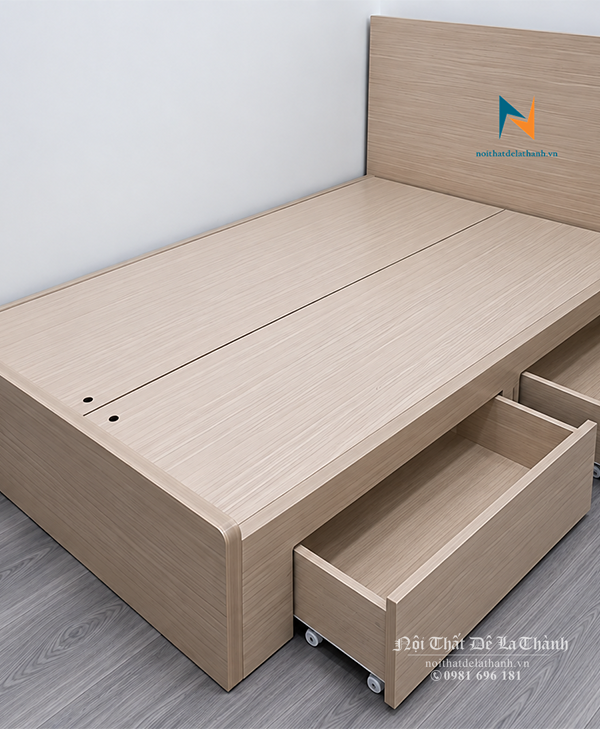 Giường ngủ hiện đại 1m2 gỗ MDF vân sồi sáng có 2 ngăn kéo bánh xe