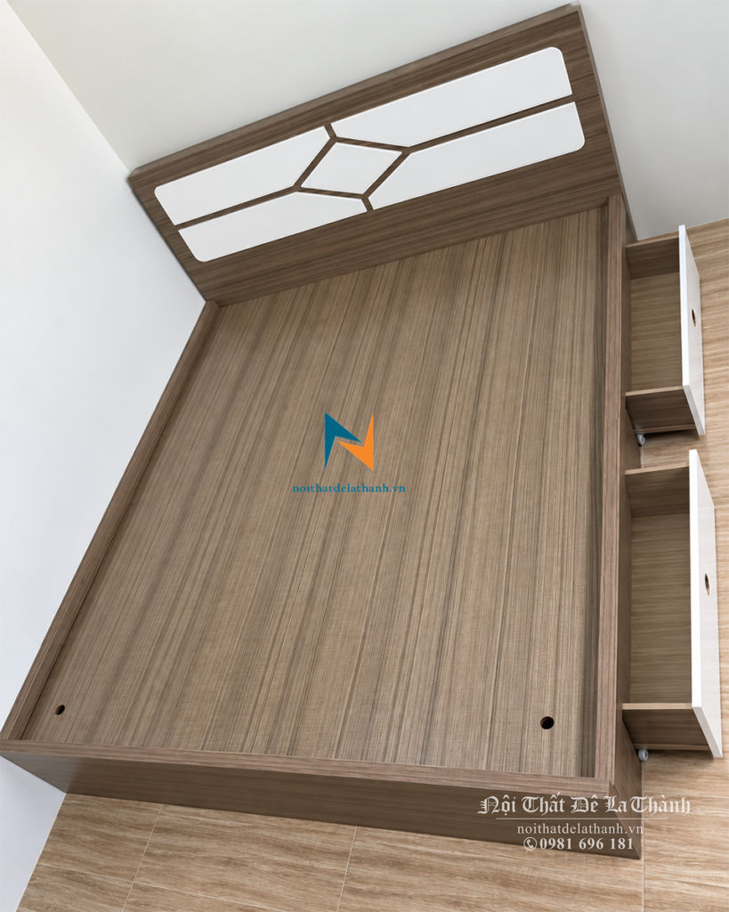 Giường ngủ hiện đại 1m4 vân gỗ nâu, đầu giường hoạ tiết trắng, 2 ngăn kéo - Nội Thất Đê La Thành