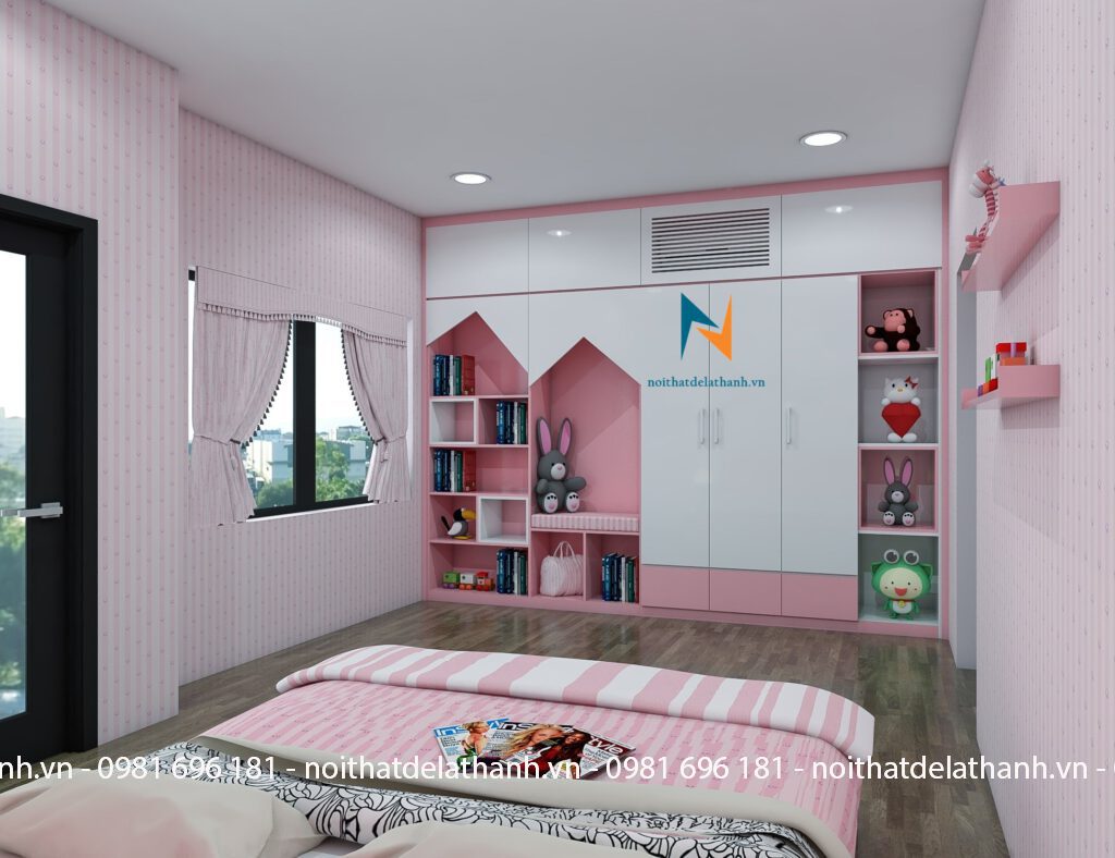 Phòng ngủ cho bé gái 13 tuổi với tông màu hồng chủ đạo, pha thêm cánh tủ trắng làm sáng không gian căn phòng
