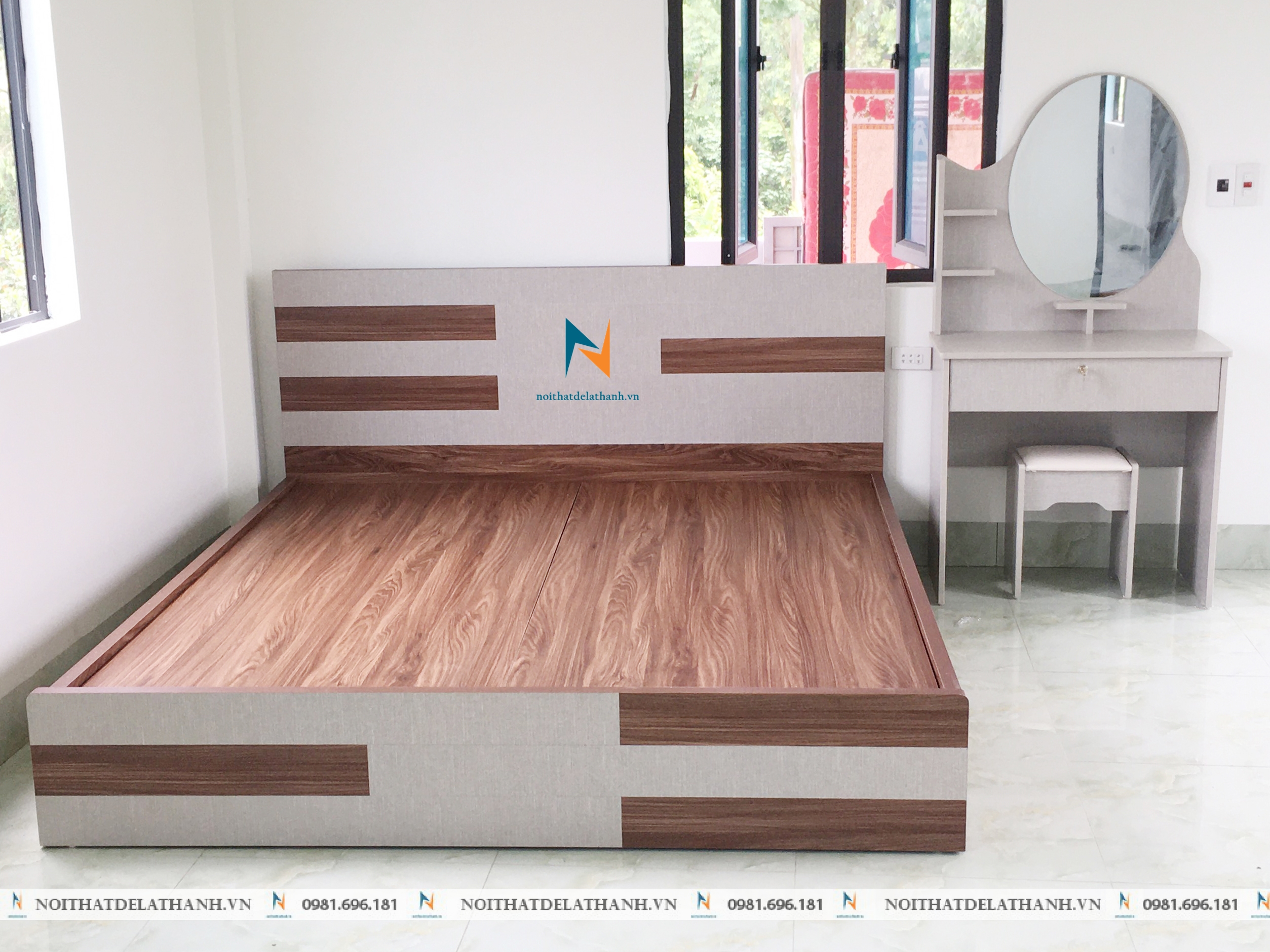 Chiếc giường phong cách hiện đại 1m8x2m, phối 2 màu óc chó và vân vải rất đẹp mắt