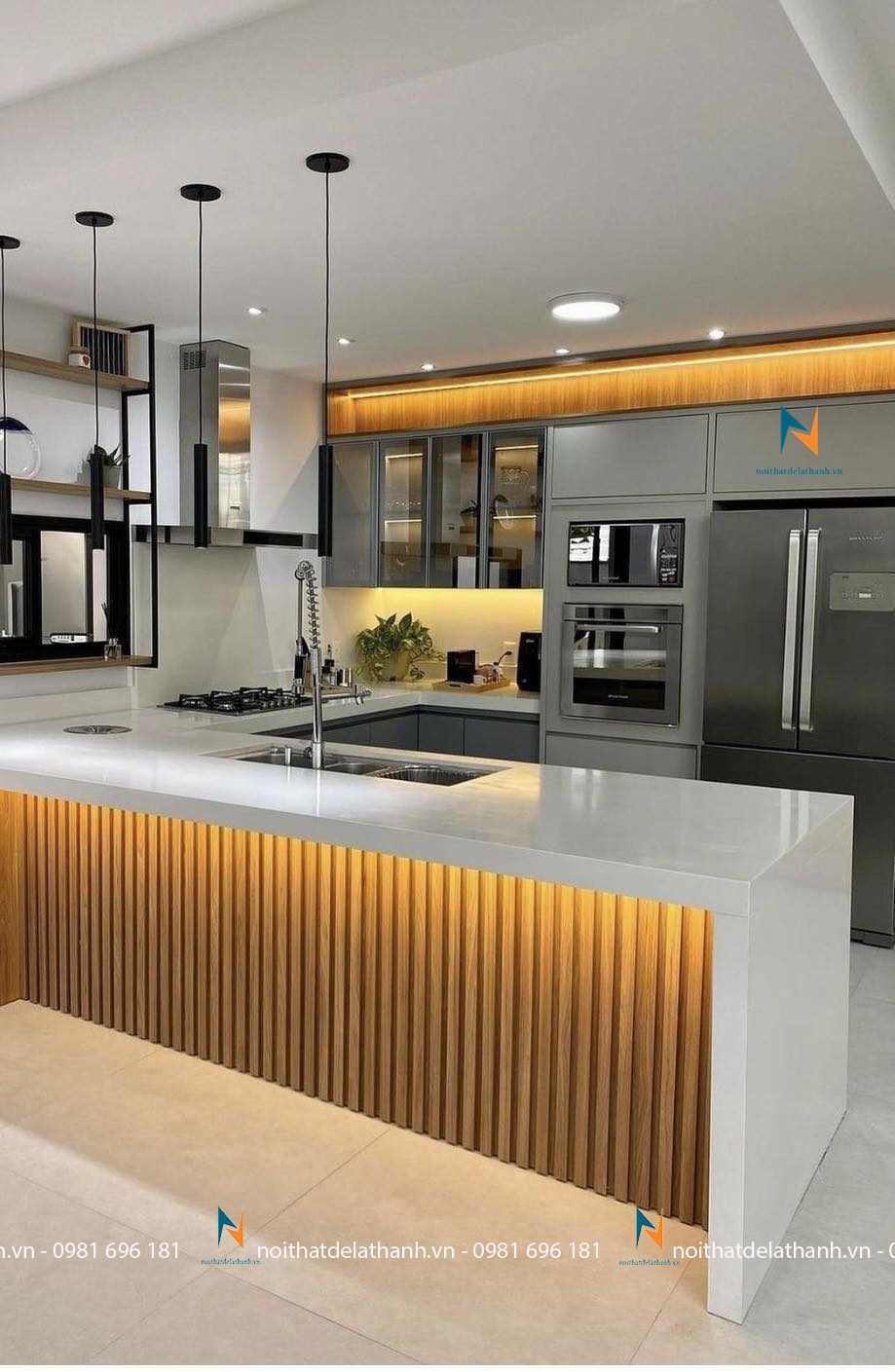 Tủ bếp kết hợp quầy bar có đèn với đèn led tạo hiệu ứng ánh sáng gây ấn tượng mạnh