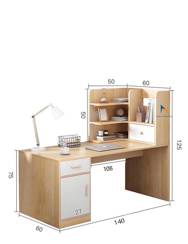 Hình ảnh thực tế chiếc bàn học dành cho học sinh nam cấp 3, kích thước 1m4x1m25, phối 2 màu 388 và màu trắng
