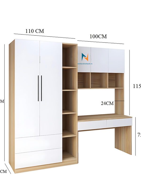 Kích thước bàn học liền tủ: rộng 2m1, cao 1m9