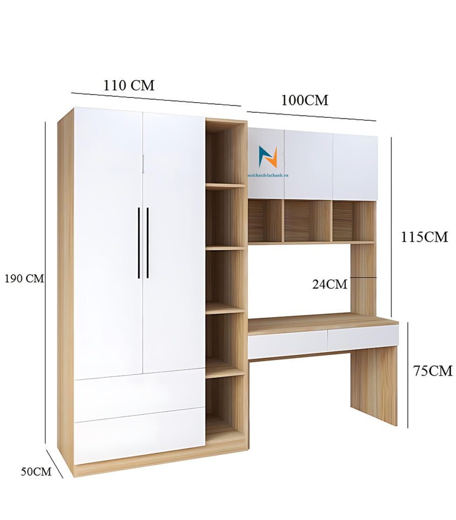 Kích thước bàn học liền tủ: rộng 2m1, cao 1m9