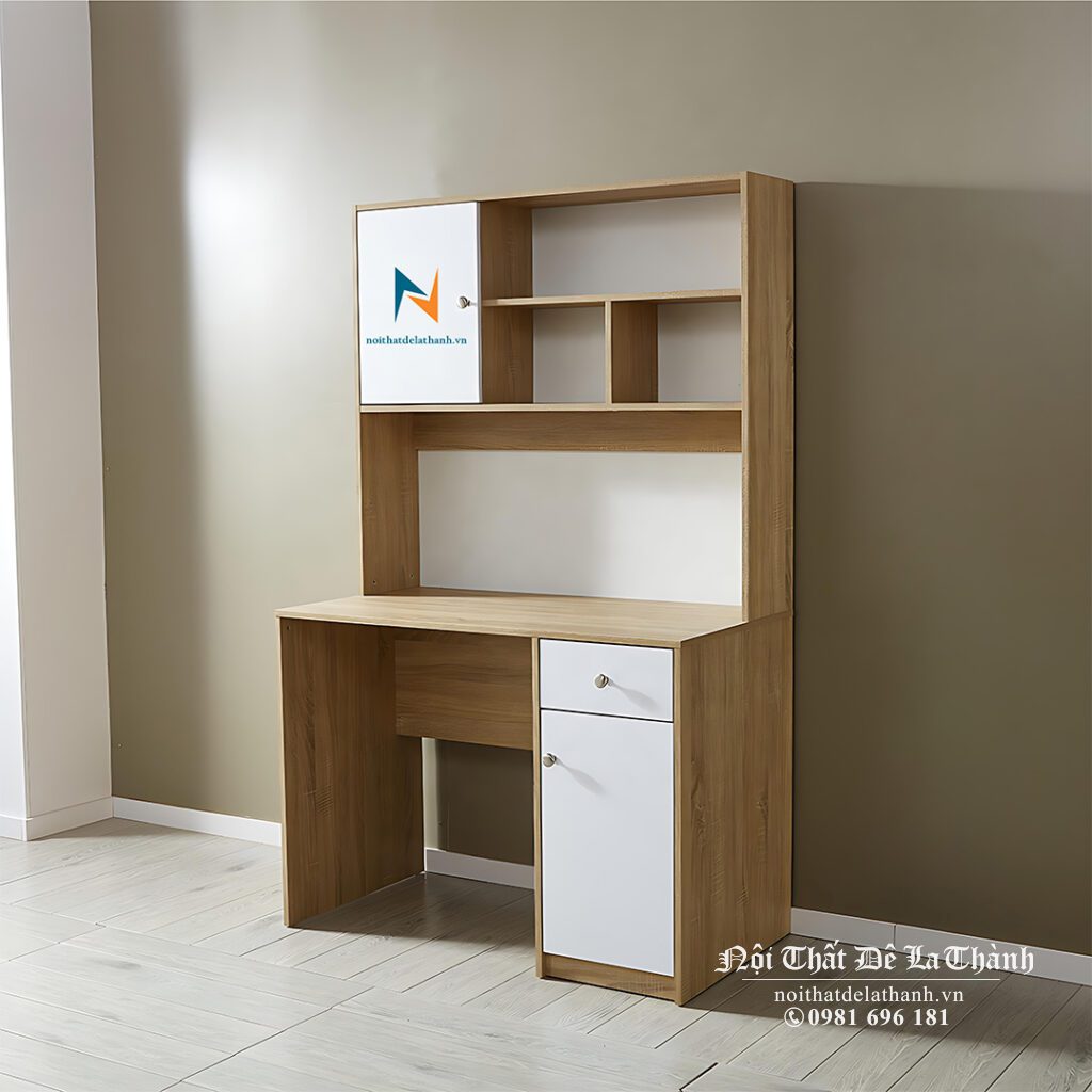 Hình ảnh thực tế chiếc bàn học gỗ mdf, sử dụng được cả cho bé trai và bé gái, phối màu 388 và màu trắng. Đây là thiết kế cơ bản và phổ biến cho các bạn học sinh ở các cấp học