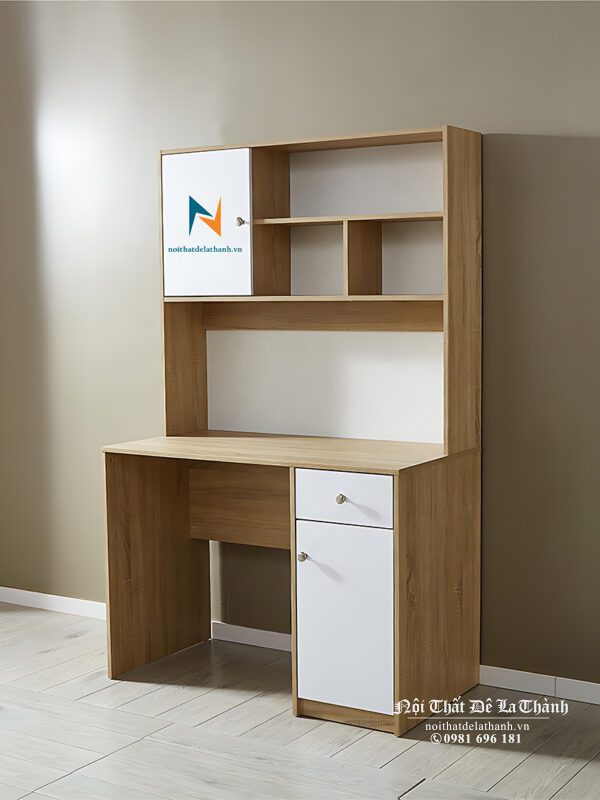 Hình ảnh thực tế chiếc bàn học gỗ mdf, sử dụng được cả cho bé trai và bé gái, phối màu 388 và màu trắng. Đây là thiết kế cơ bản và phổ biến cho các bạn học sinh ở các cấp học