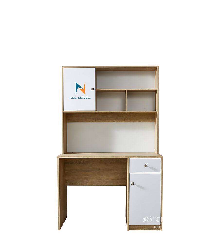 Chiếc bàn học sinh thiết kế cơ bản tiện lợi với tủ đựng đồ, ngăn kéo để bút, bên trên là giá sách, kích thước 1mx1m6, phối màu 388 và màu trắng đơn giản nhưng đẹp mắt