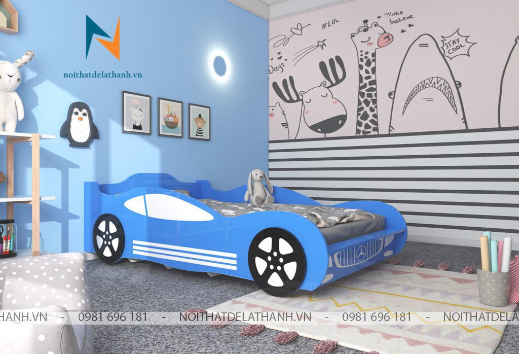Chiếc giường ô tô màu xanh thiết kế dành riêng cho bé trai, giống như một chiếc xe mui trần, có thể ngủ trên đó, kích thước 1m2x2m, 4 bánh màu đen. Hãy liên hệ ngay với Nội Thất Đê La Thành để sở hữu!