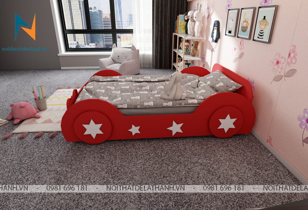 Chiếc giường ô tô bé trai màu đỏ chất liệu gỗ MDF phủ melamine, kích thước 1mx1m9 hoặc 1m2x2m