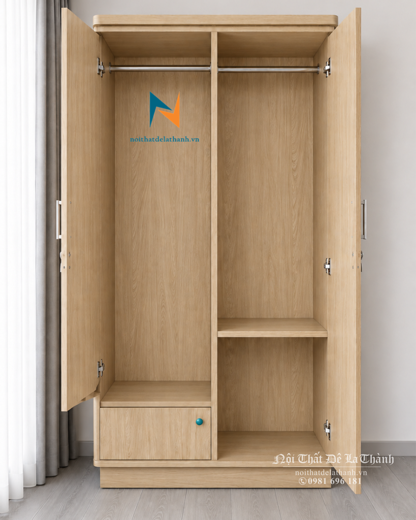 Thiết kế bên trong chiếc tủ 2 cánh giá rẻ tại Nội Thất Đê La Thành: bên trên có suốt treo, bên dưới khoang trái có 1 ô cánh nhỏ, bên dưới khoang phải có 1 đợt gỗ để đồ gấp