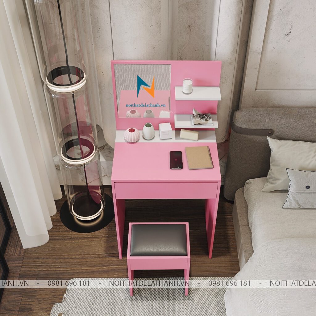 Chiếc bàn phấn mini màu hồng thiết kế rất đẹp mắt, phù hợp với các bạn gái và dùng cho không gian hẹp