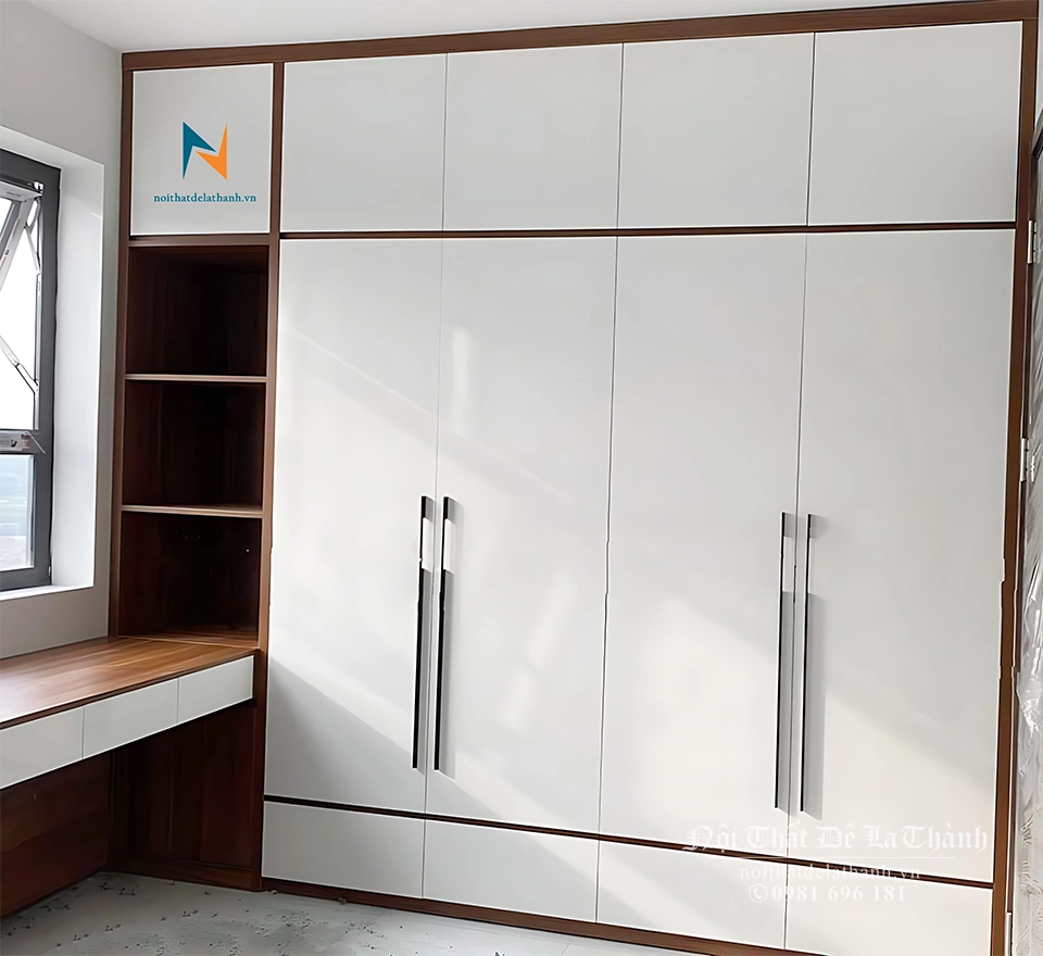 Giường tủ gỗ công nghiệp giá rẻ thiết kế theo phong cách hiện đại, chất liệu MDF phủ melamine chống trầy xước, gồm chiếc tủ 2mx2m6, giường đầu hộp 2 ngăn kéo 1m6x2m, bàn trang điểm đứng gương tròn 1m, bàn làm việc 1m2