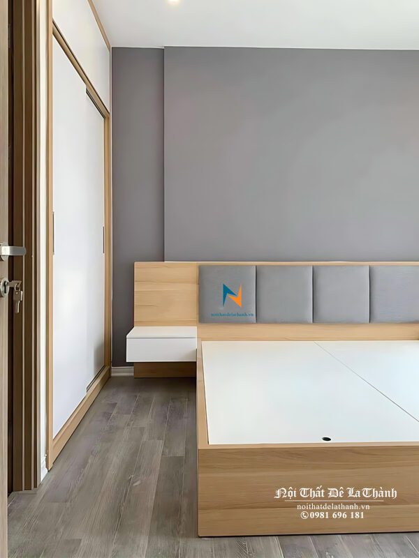 Bộ giường tủ được thiết kế theo phong cách hiện đại cho chung cư, với tủ cánh lùa, rất phù hợp với các không gian nhỏ