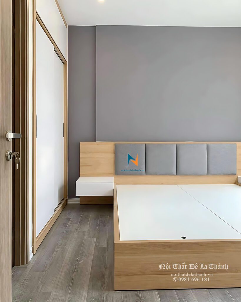 Bộ giường tủ được thiết kế theo phong cách hiện đại cho chung cư, với tủ cánh lùa, rất phù hợp với các không gian nhỏ