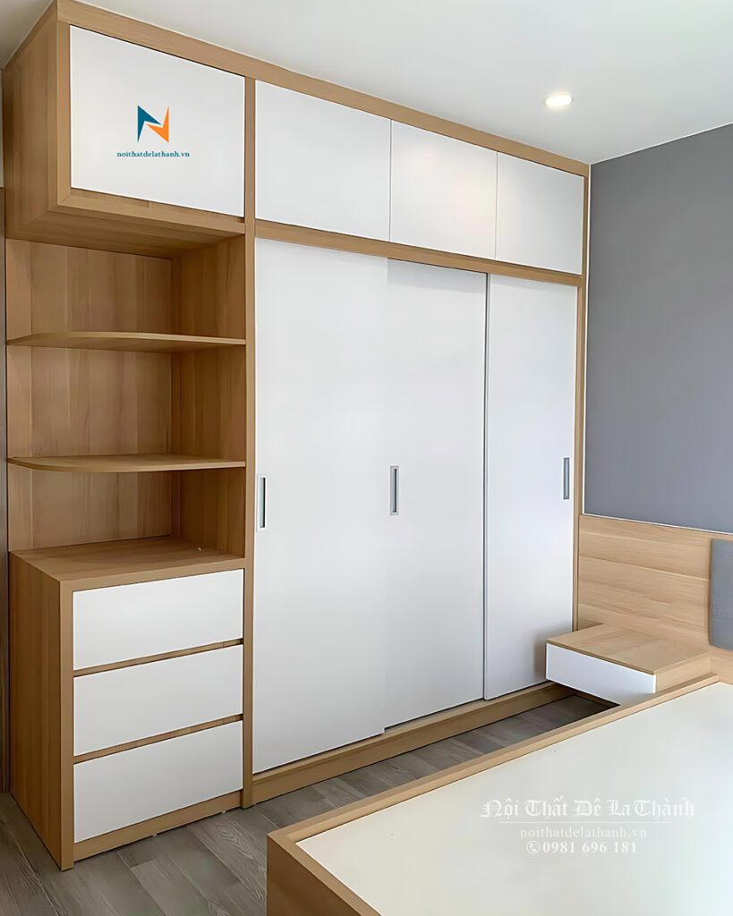 Combo giường tủ gỗ công nghiệp giá rẻ, chất liệu gỗ công nghiệp MDF, gồm tủ cánh lùa 2mx2m6, giường 1m6x2m, bàn học 1m6 x 2m6, 2 táp treo + vách ốp 40m x 90cm