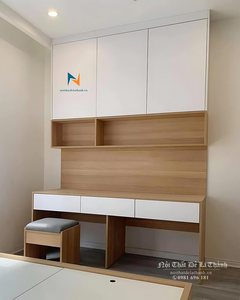 Bộ giường tủ gỗ MDF giá rẻ có thiết kế chiếc bàn học liền giá sách, dành cho bé trai hoặc 2 bé có thể sử dụng cùng lúc