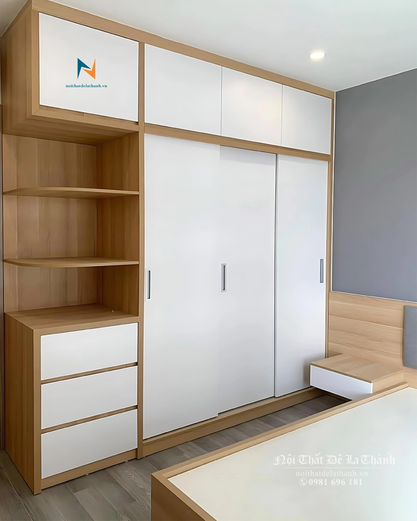 Combo giường tủ gỗ công nghiệp giá rẻ, chất liệu gỗ công nghiệp MDF, gồm tủ cánh lùa 2mx2m6, giường 1m6x2m, bàn học 1m6 x 2m6, 2 táp treo + vách ốp 40m x 90cm