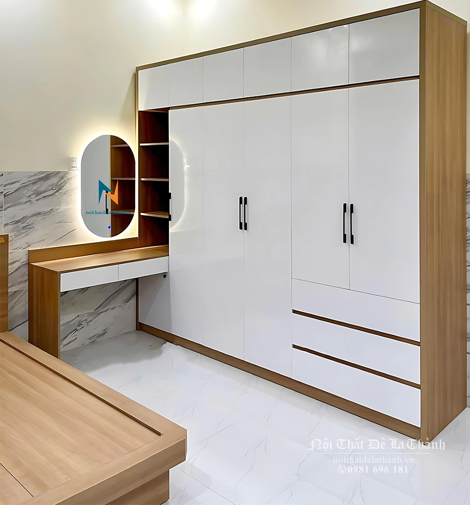 Combo giường tủ gỗ công nghiệp bao gồm giường kiểu Nhật 1m6x2m, tủ 2m4x2m45, bàn trang điểm 80cm, gương led treo