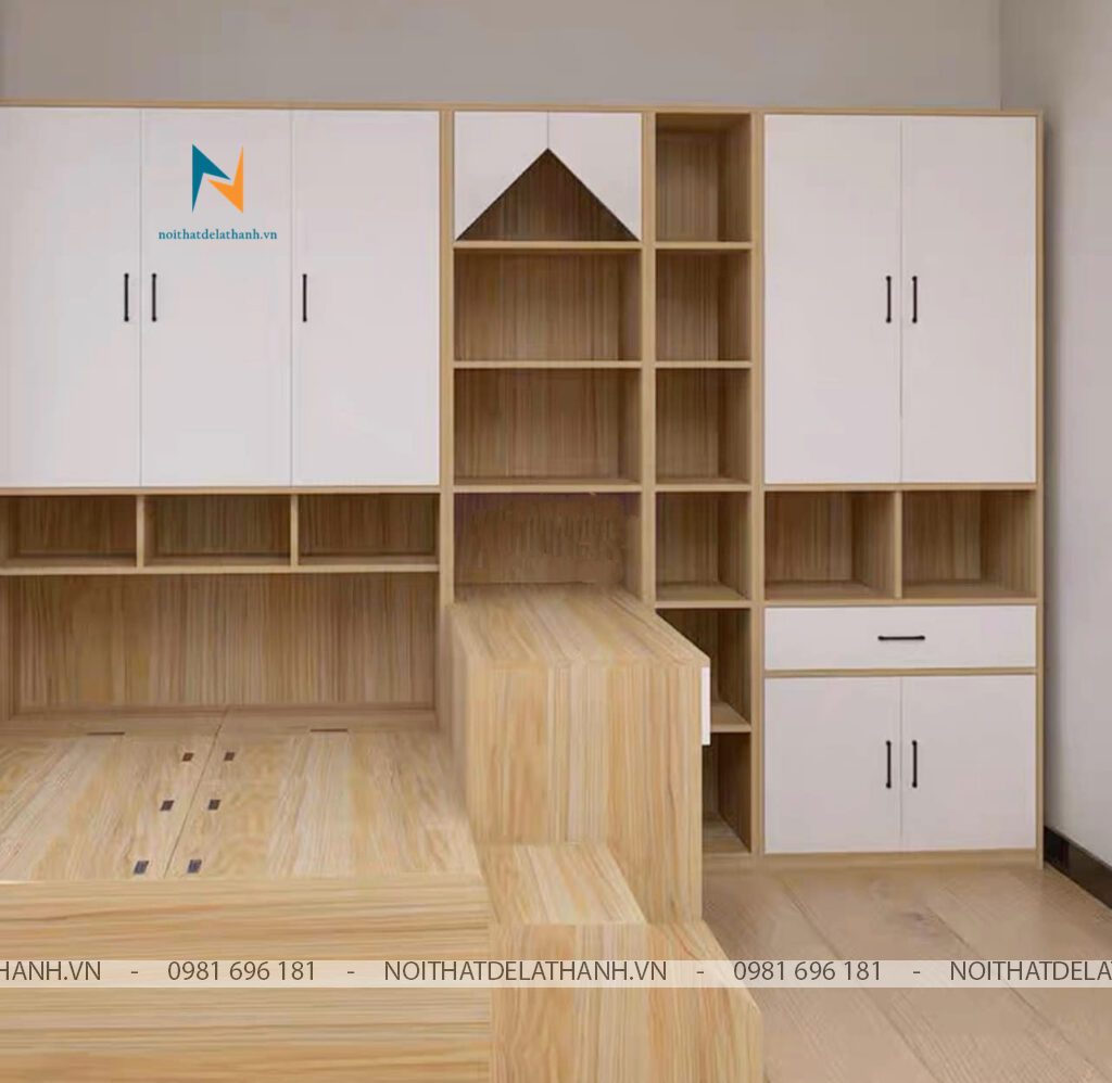Bộ giường tủ thông minh có thiết kế liền khối, chất liệu gỗ MDF phủ melamine; phản giường là các tấm lật thông minh để đồ, bàn học liền giá sách, giá sách bao gồm bên trong tủ