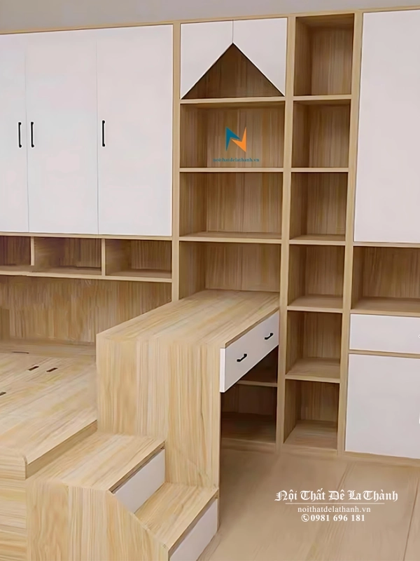 Bộ giường tủ thông minh có kích thước lần lượt là: tủ 2m8x2m; giường 1m2x1m9; bàn học 1m9x75cm cao