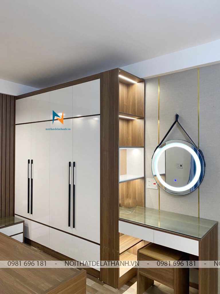 Combo phòng ngủ nhà phố theo phong cách decor hiện đại với bàn phấn 80cm, gương đèn led treo, bàn phấn thiết kế gắn liền tủ