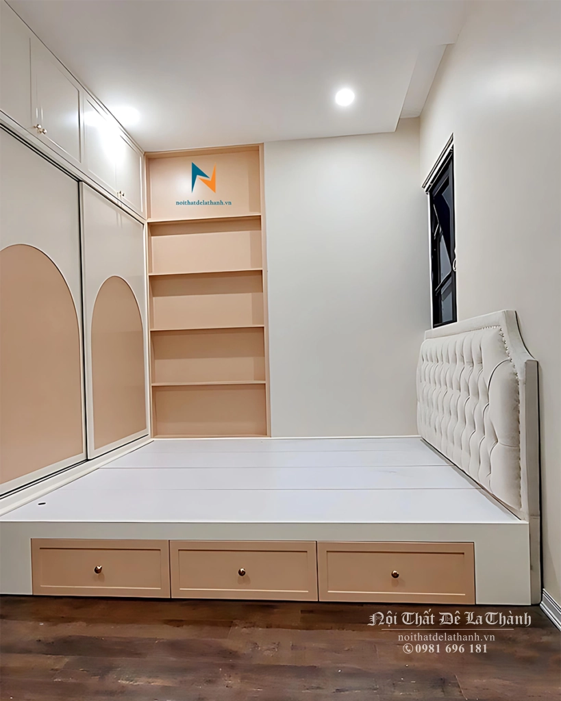 Combo làm bằng chất liệu MDF sơn trắng pha hồng, giường 1m6x2m, tủ 1m6x2m6, bàn học giá sách 2mx2m6