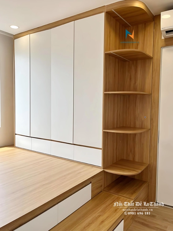 Bộ combo thiết kế thông minh giường giật cấp nhiều kéo 1m6x2m, liền với tủ 2mx2m6, tủ có 4 ngăn kéo và 4 cánh mở tay vát từ phía dưới