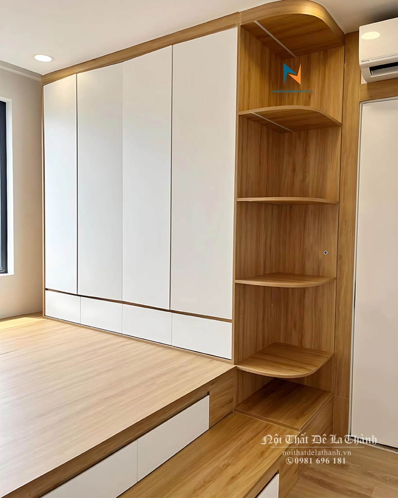 Bộ combo thiết kế thông minh giường giật cấp nhiều kéo 1m6x2m, liền với tủ 2mx2m6, tủ có 4 ngăn kéo và 4 cánh mở tay vát từ phía dưới