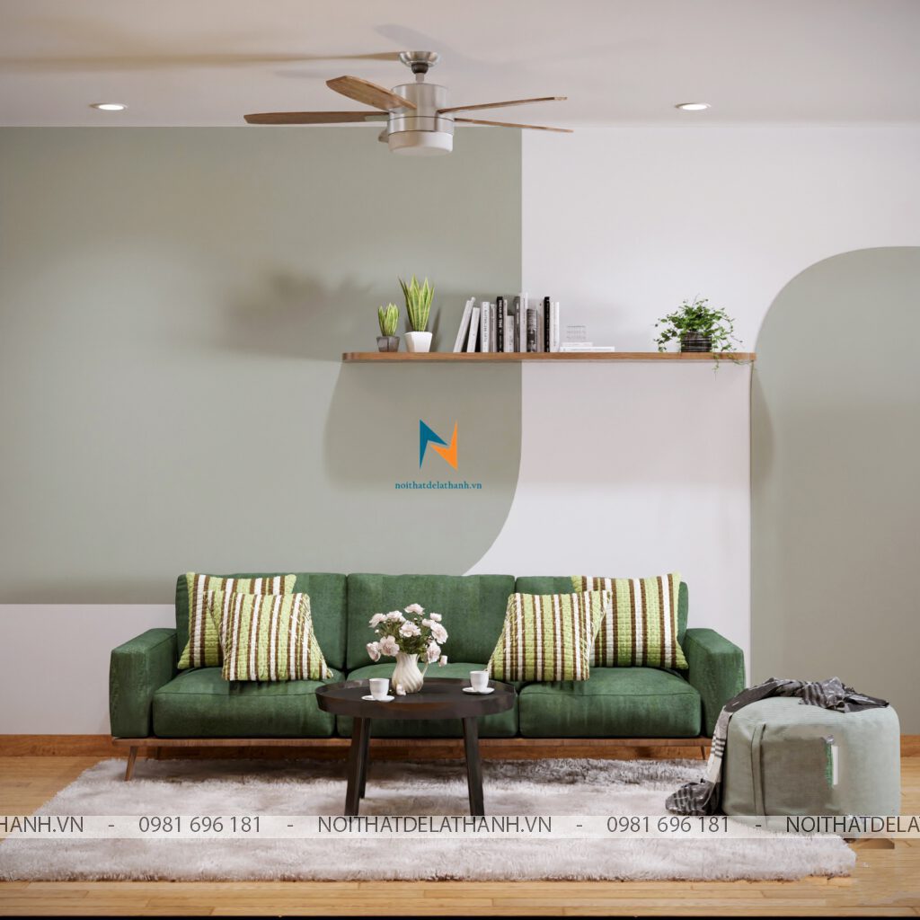 Không gian phòng khách trong đó 3 màu xanh, vân gỗ, trắng được sử dụng áp dụng quy tắc phối màu 60-30-10 trong thiết kế nội thất
