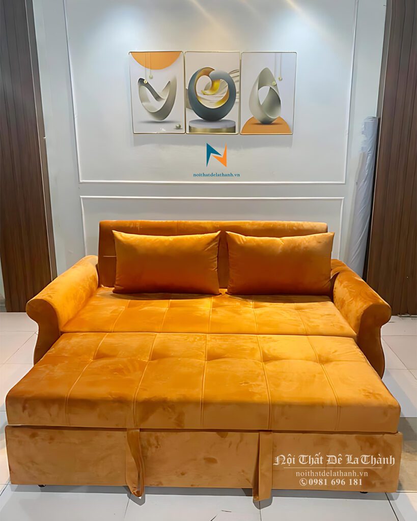 Sofa thông minh nỉ nhung màu cam rực rỡ. đệm may rút khuy, tay thiết kế kiểu lọ lục bình rất ấn tượng