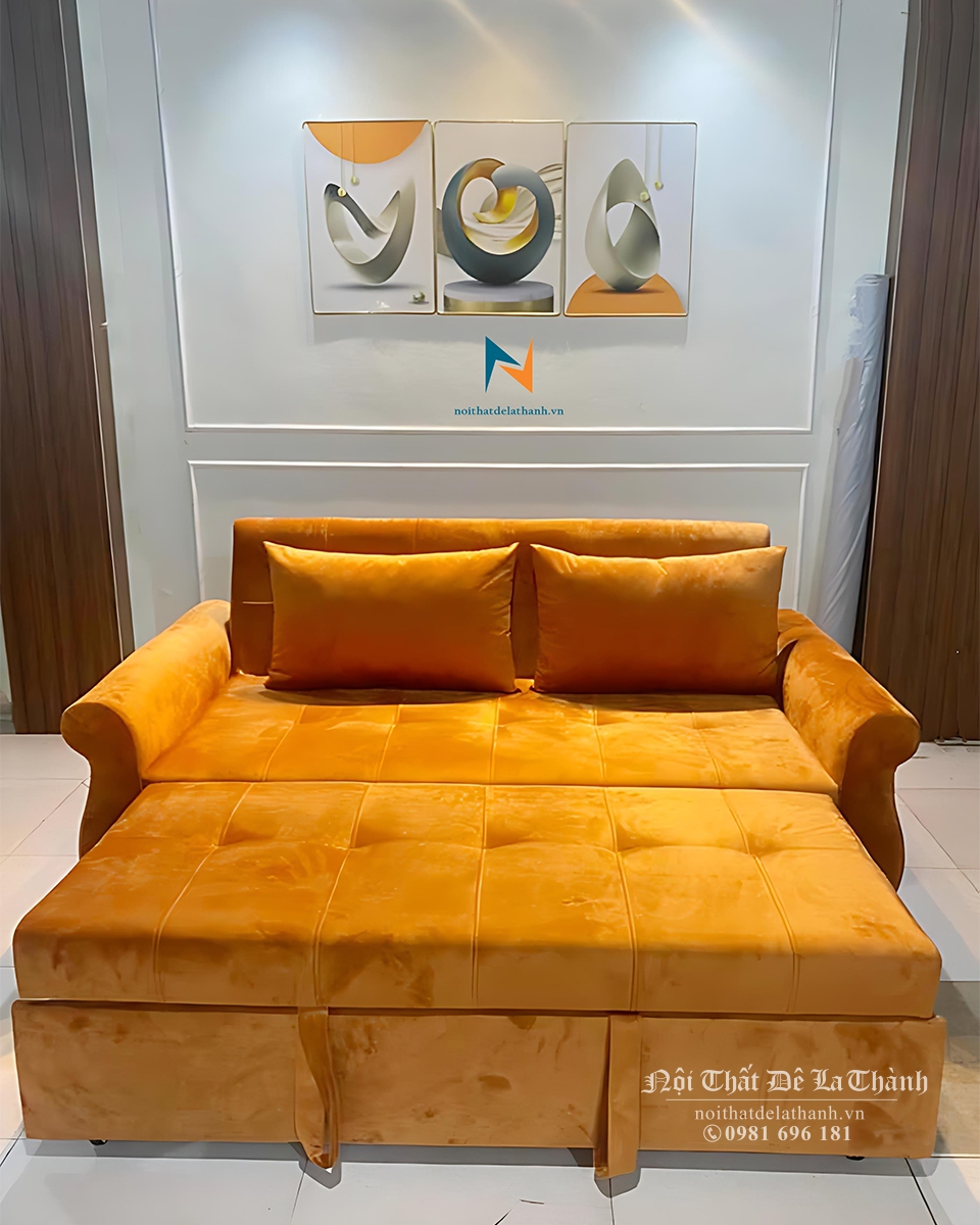 Sofa thông minh nỉ nhung màu cam rực rỡ. đệm may rút khuy, tay thiết kế kiểu lọ lục bình rất ấn tượng