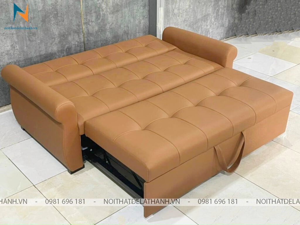 Chiếc sofa thông minh kéo ra thành giường ngủ có kích thước (lọt lòng 1m4 x 1m93) được làm bằng khung kim loại, bọc da cleo công nghiệp (có thêm các tùy chọn da Hàn Quốc hoặc da Ý - có sự thay đổi về giá thành)