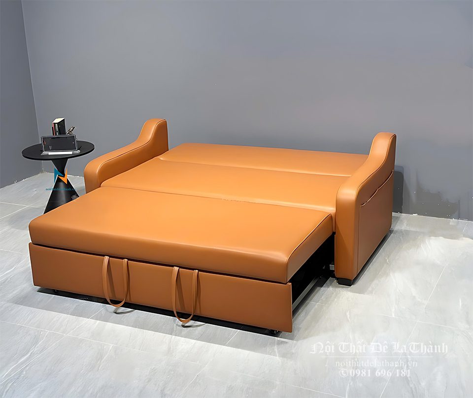 Chiếc sofa thông minh có thiết kế tay lượn, khi mở ra nó biến thành chiếc giường có kích thước 1m4x1m93