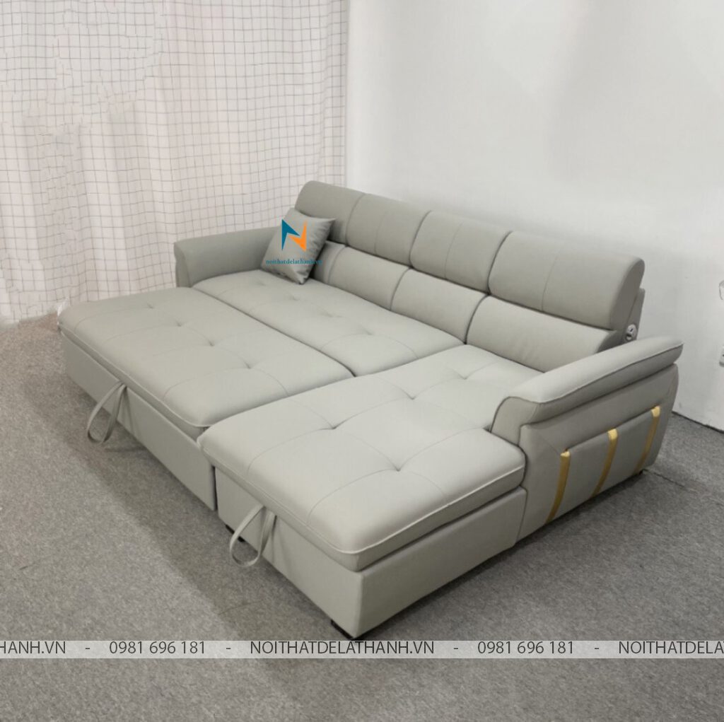 Chiếc sofa bed có ngăn chứa đồ, kích thước 2m6-2m8 x 1m6-1m8, được thiết kế 2 trong 1 (vừa làm ghế sofa, kéo ra biến thành chiếc giường ngủ); đây là loại sofa thông minh có ngăn chứa đồ phía dưới