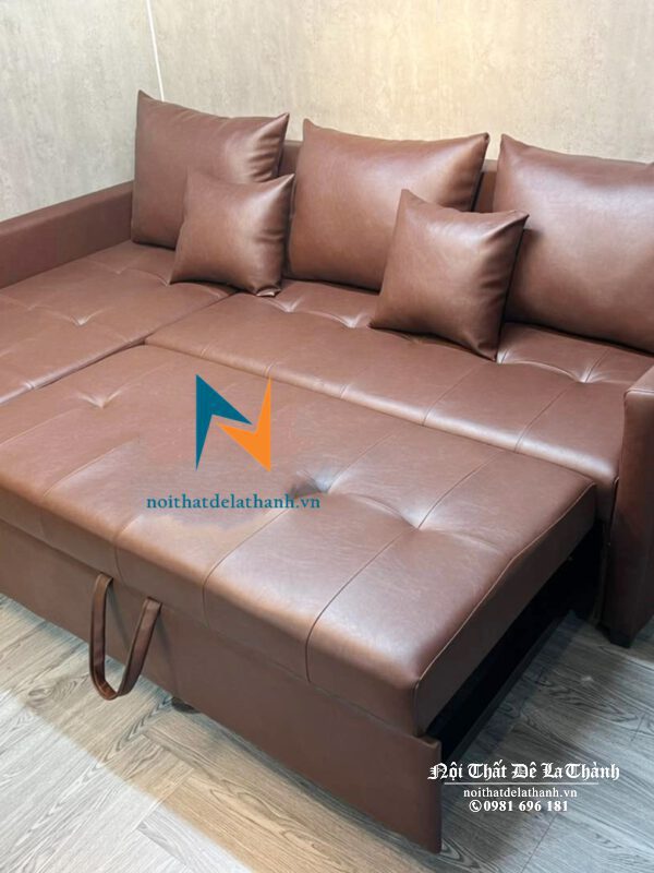 Chiếc sofa bed có ngăn chứa đồ, kích thước 2m6-2m8 x 1m6-1m8, được thiết kế 2 trong 1 (vừa làm ghế sofa, kéo ra biến thành chiếc giường ngủ); đây là loại sofa thông minh có ngăn chứa đồ phía dưới