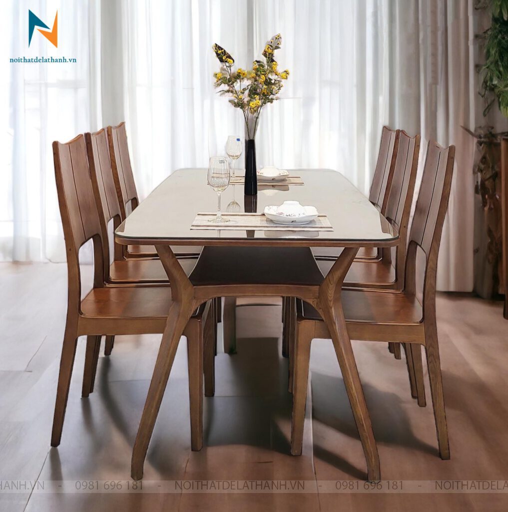 Bộ bàn ghế ăn cao cấp gỗ sồi Nga với thiết kế độc đáo và tiện dụng cao với khay để đồ phía dưới gầm bàn