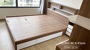 Ảnh thực tế chiếc giường thông minh 1m8x2m, gỗ công nghiệp mdf, đầu kệ