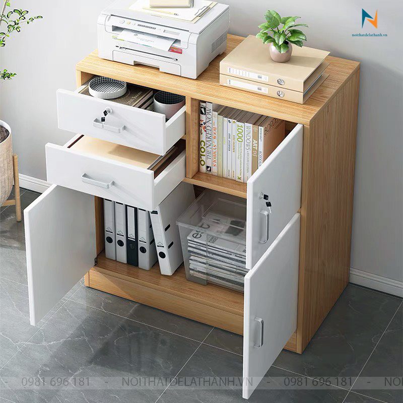 Chiếc tủ văn phòng thấp 3 cánh và 2 ngăn kéo, kích thước 80cm x 85cm x 40cm, chất liệu gỗ công nghiệp MDF, thiết kế theo phong cách hiện đại