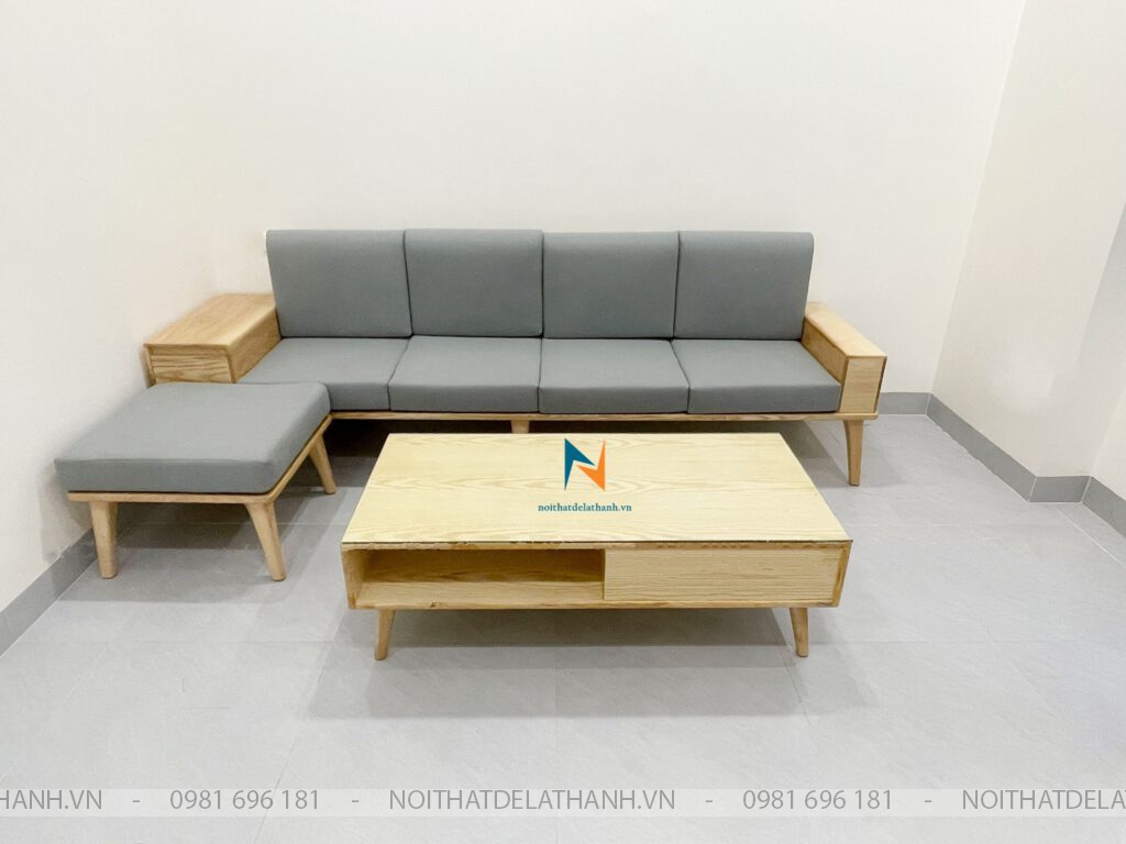 Sofa gỗ hiện đại với cục thông minh có thể đặt ở 2 đầu biến chiếc văng sofa thành sofa góc chữ L rất thuận tiện