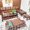 Bộ sofa gỗ gương góc chữ L phun màu nâu walnut sang trọng, kích thước phủ bì khi ghép góc là 2m8x2m; Bàn 75cmx145cm; Đôn dài 55cmx110cm; 2 đôn nhỏ 50cmx50cm