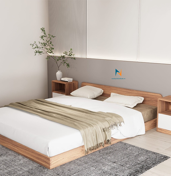 Chiếc giường thiết kế kiểu bệt sát mặt sàn theo phong cách Nhật Bản, kích thước 1m6x2mx18cm, chất liệu gỗ công nghiệp, có nhiều lựa chọn màu sắc