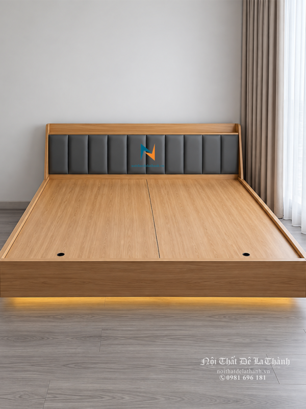 Giường ngủ kiểu Nhật 1m8 gỗ MDF đầu giường bọc da đèn LED gầm