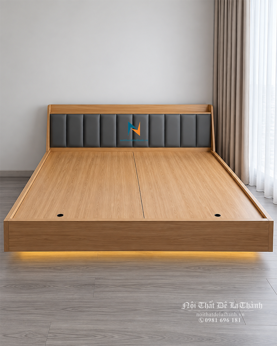 Giường ngủ kiểu Nhật 1m8 gỗ MDF đầu giường bọc da đèn LED gầm